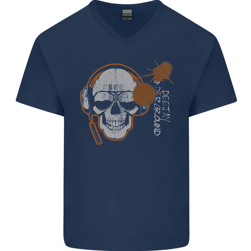 Underground DJ Skull DJing Music Mens V-Neck Cotton T-Shirt Navy Blue