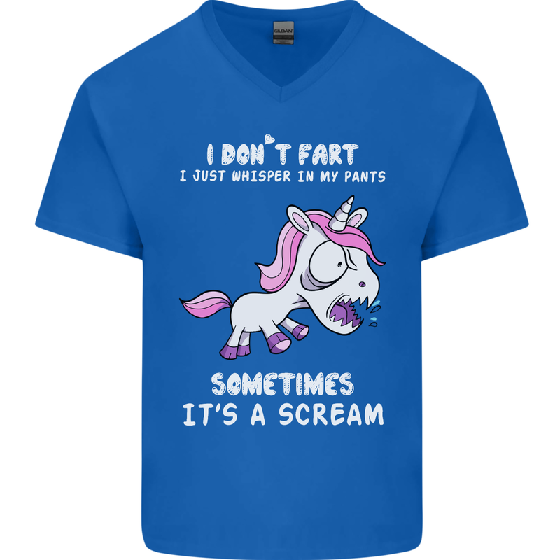 Unicorn I Don't Fart Funny Farting Farter Mens V-Neck Cotton T-Shirt Royal Blue
