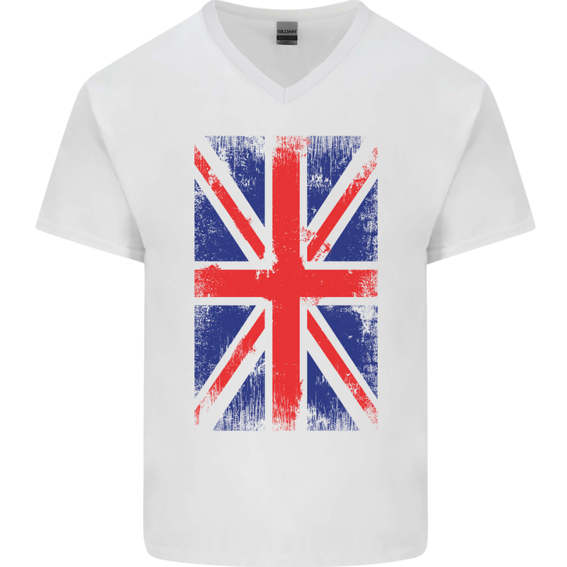 Union Jack British Flag Great Britain Mens V-Neck Cotton T-Shirt White