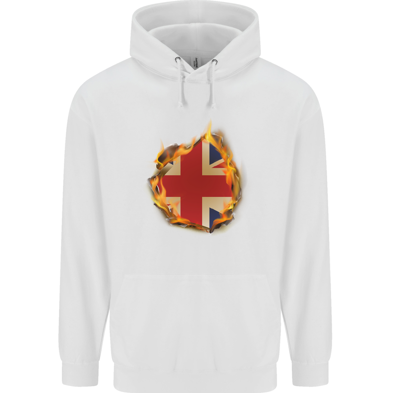 Union Jack Flag Fire Effect Great Britain Childrens Kids Hoodie White