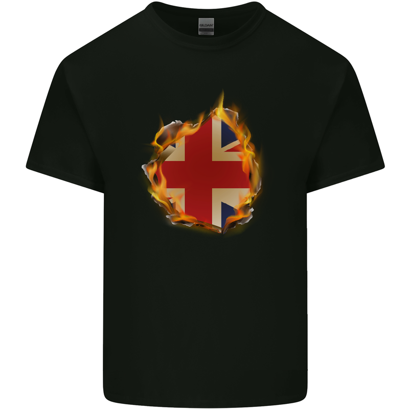 Union Jack Flag Fire Effect Great Britain Mens Cotton T-Shirt Tee Top Black