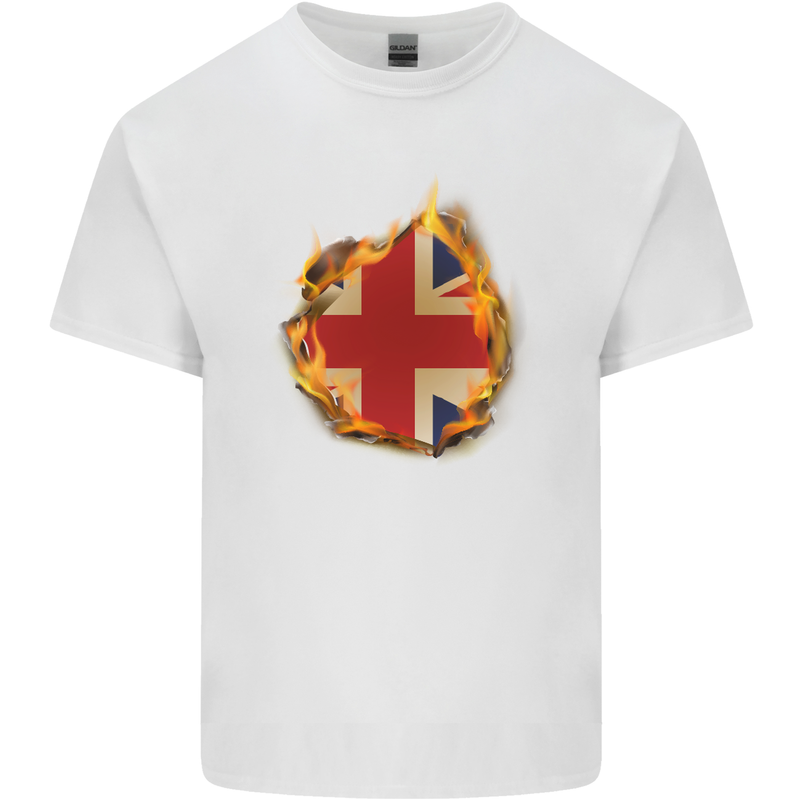 Union Jack Flag Fire Effect Great Britain Mens Cotton T-Shirt Tee Top White