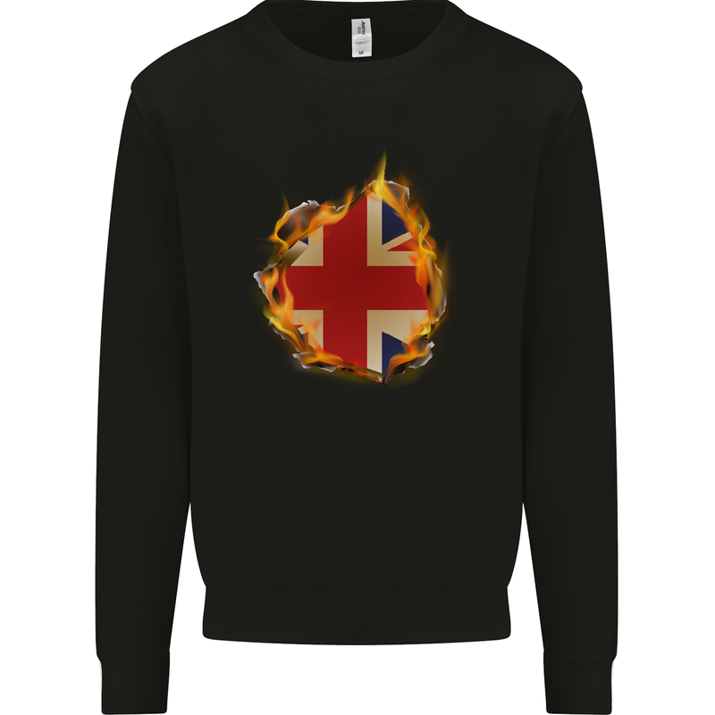 Union Jack Flag Fire Effect Great Britain Mens Sweatshirt Jumper Black