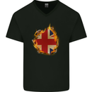 Union Jack Flag Fire Effect Great Britain Mens V-Neck Cotton T-Shirt Black