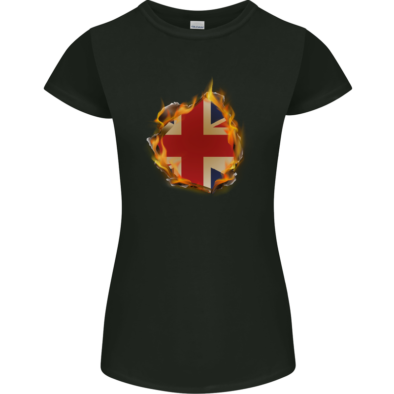 Union Jack Flag Fire Effect Great Britain Womens Petite Cut T-Shirt Black