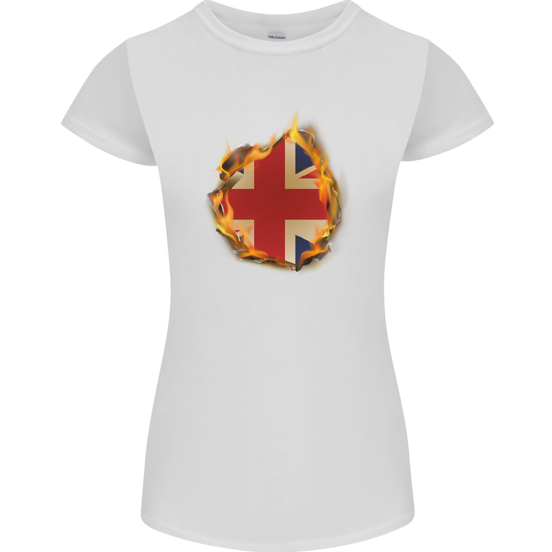 Union Jack Flag Fire Effect Great Britain Womens Petite Cut T-Shirt White