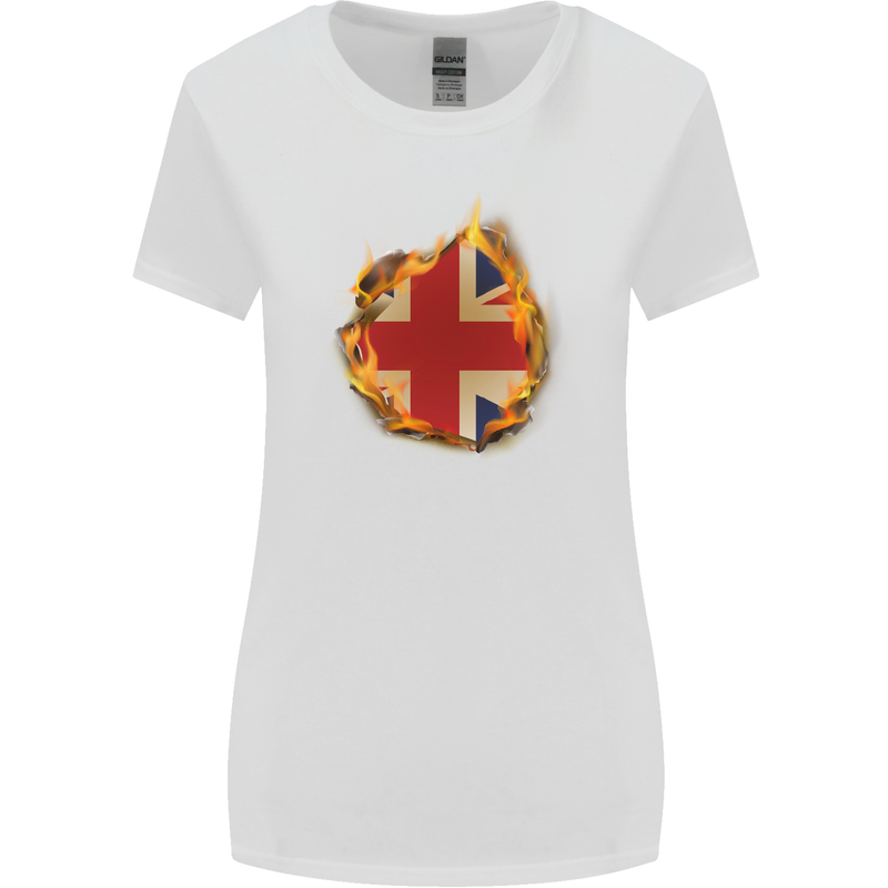 Union Jack Flag Fire Effect Great Britain Womens Wider Cut T-Shirt White