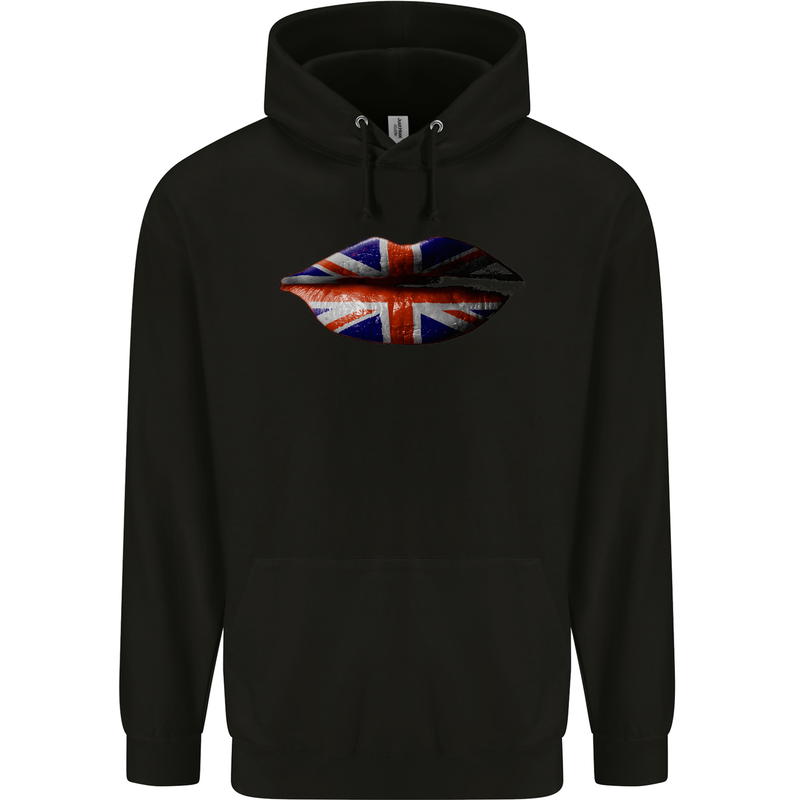 Union Jack Flag Lips the UK Great Britain Mens 80% Cotton Hoodie Black