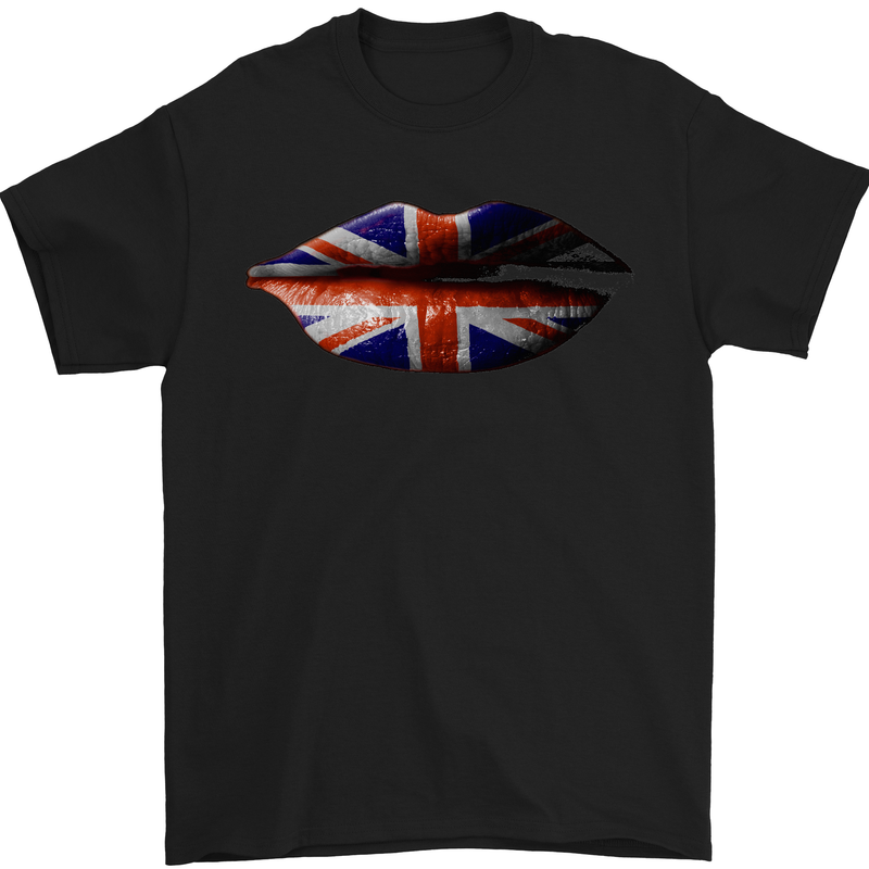 Union Jack Flag Lips the UK Great Britain Mens T-Shirt Cotton Gildan Black