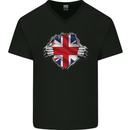 Union Jack Flag Ripped Torn Gym British UK Mens V-Neck Cotton T-Shirt Black