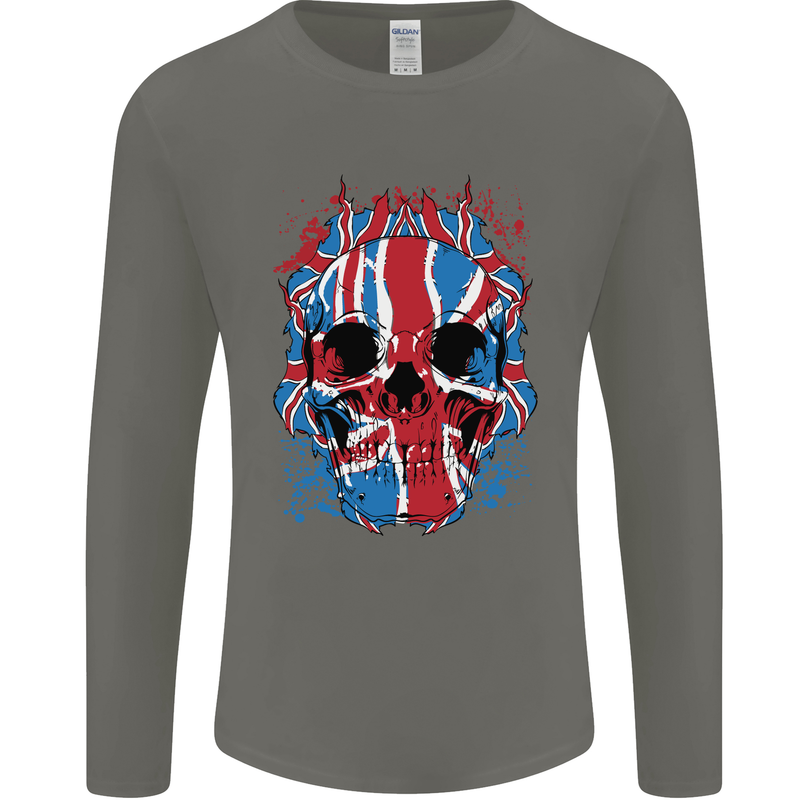 Union Jack Flag Skull Gym MMA Biker Mens Long Sleeve T-Shirt Charcoal