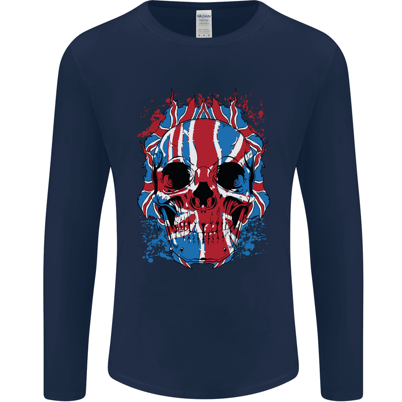 Union Jack Flag Skull Gym MMA Biker Mens Long Sleeve T-Shirt Navy Blue