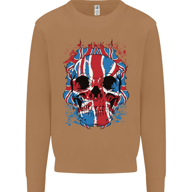 Union Jack Flag Skull Gym MMA Biker Mens Sweatshirt Jumper Caramel Latte