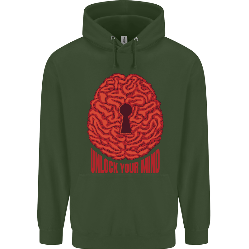 Unlock Your Mind Intelligence Psychology Mens 80% Cotton Hoodie Forest Green