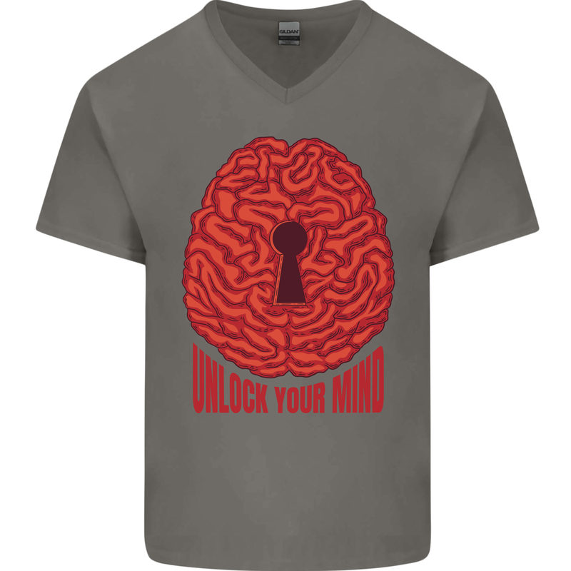 Unlock Your Mind Intelligence Psychology Mens V-Neck Cotton T-Shirt Charcoal