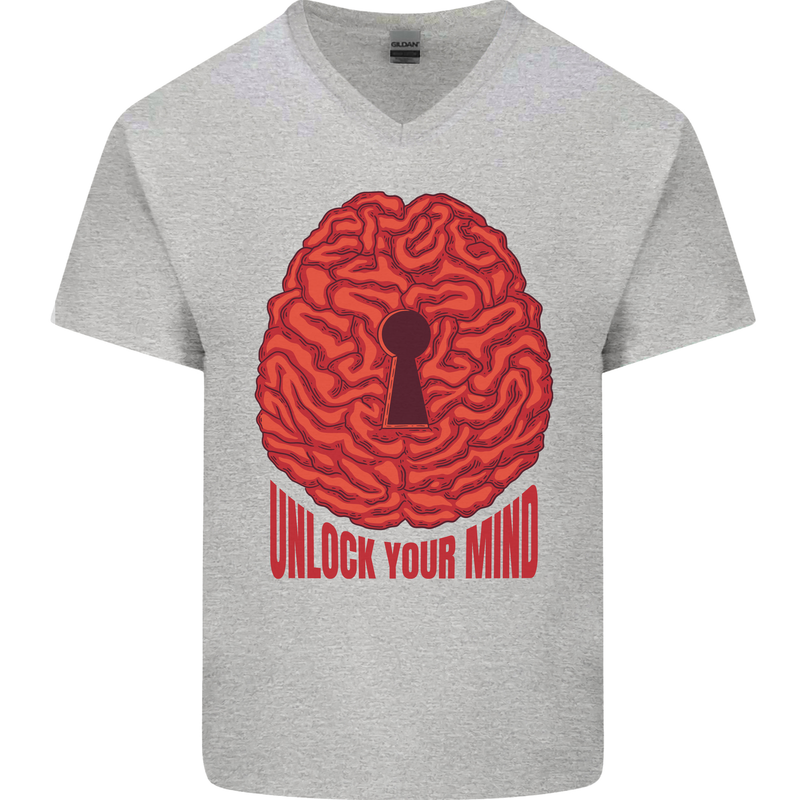Unlock Your Mind Intelligence Psychology Mens V-Neck Cotton T-Shirt Sports Grey