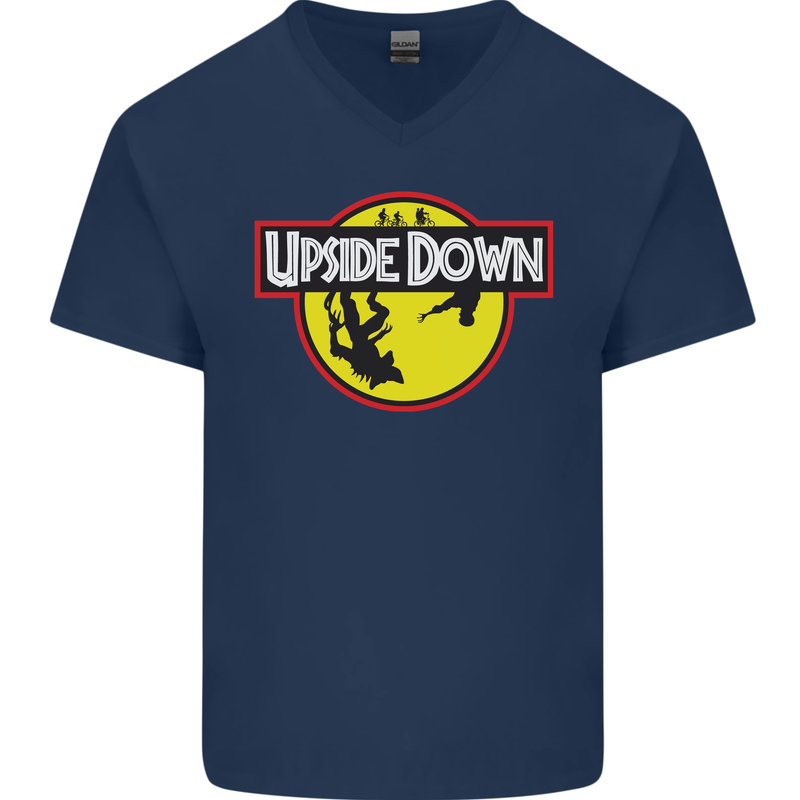 Upside Down SCI-FI TV Program Mens V-Neck Cotton T-Shirt Navy Blue