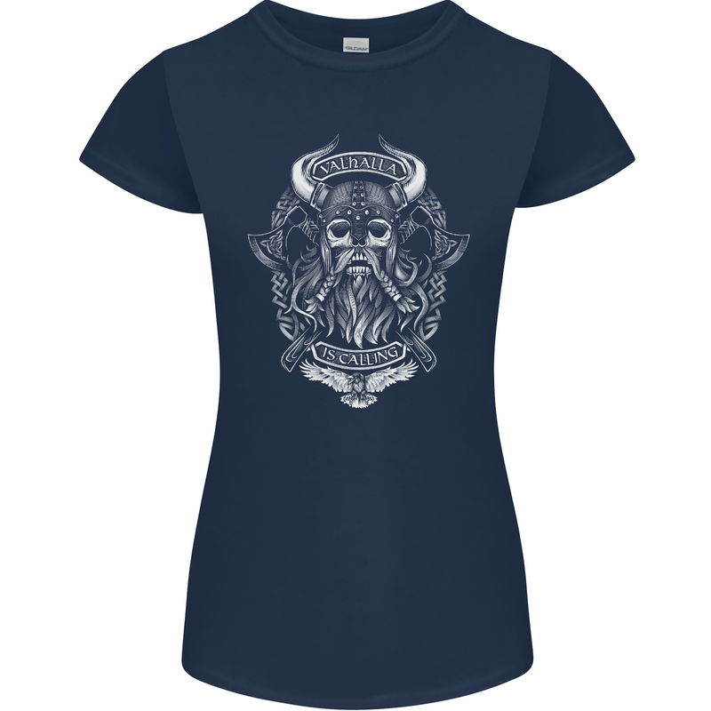 Valhalla is Calling Vikings Odin Thor Gym Womens Petite Cut T-Shirt Navy Blue