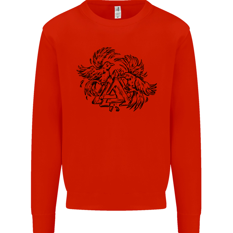 Valknut Symbol With Ravens Viking Kids Sweatshirt Jumper Bright Red
