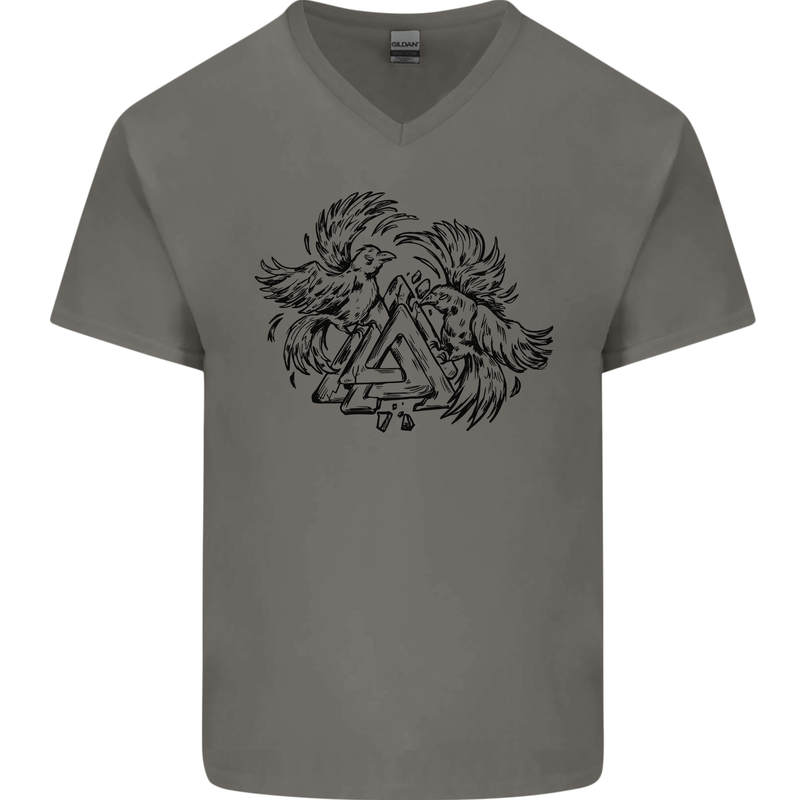 Valknut Symbol With Ravens Viking Mens V-Neck Cotton T-Shirt Charcoal
