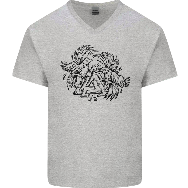 Valknut Symbol With Ravens Viking Mens V-Neck Cotton T-Shirt Sports Grey