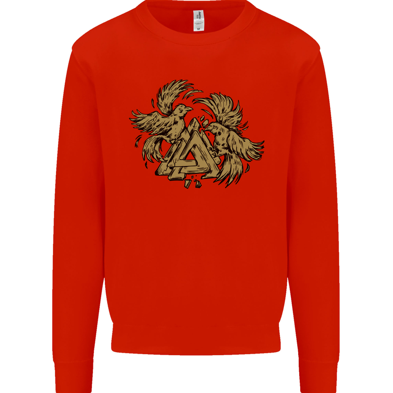 Valknut Symbol With Ravens Vikings Kids Sweatshirt Jumper Bright Red