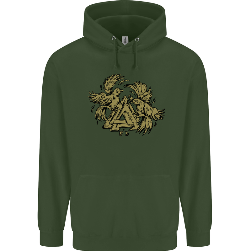 Valknut Symbol With Ravens Vikings Mens 80% Cotton Hoodie Forest Green