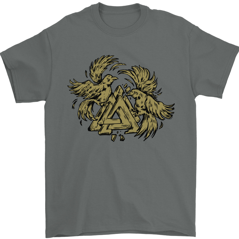 Valknut Symbol With Ravens Vikings Mens T-Shirt 100% Cotton Charcoal