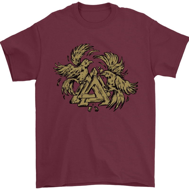 Valknut Symbol With Ravens Vikings Mens T-Shirt 100% Cotton Maroon