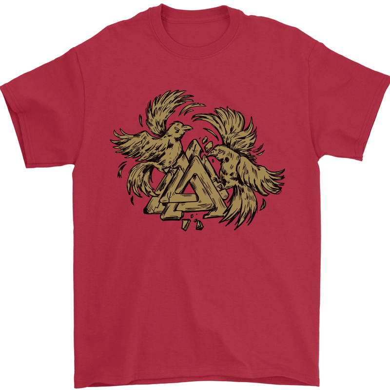 Valknut Symbol With Ravens Vikings Mens T-Shirt 100% Cotton Red