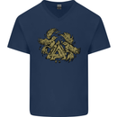 Valknut Symbol With Ravens Vikings Mens V-Neck Cotton T-Shirt Navy Blue