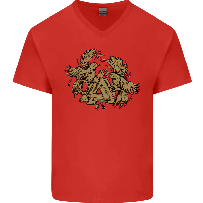 Valknut Symbol With Ravens Vikings Mens V-Neck Cotton T-Shirt Red
