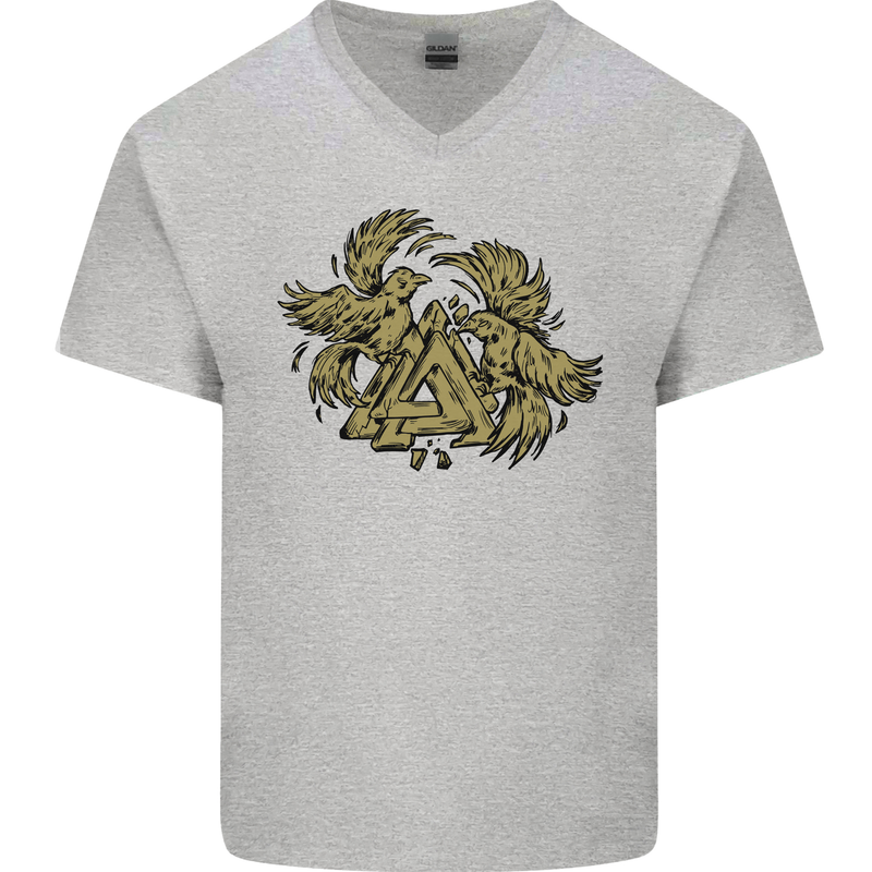 Valknut Symbol With Ravens Vikings Mens V-Neck Cotton T-Shirt Sports Grey