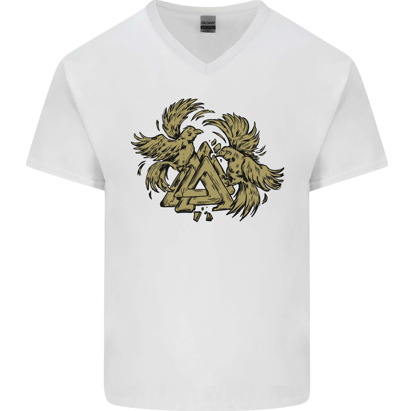 Valknut Symbol With Ravens Vikings Mens V-Neck Cotton T-Shirt White