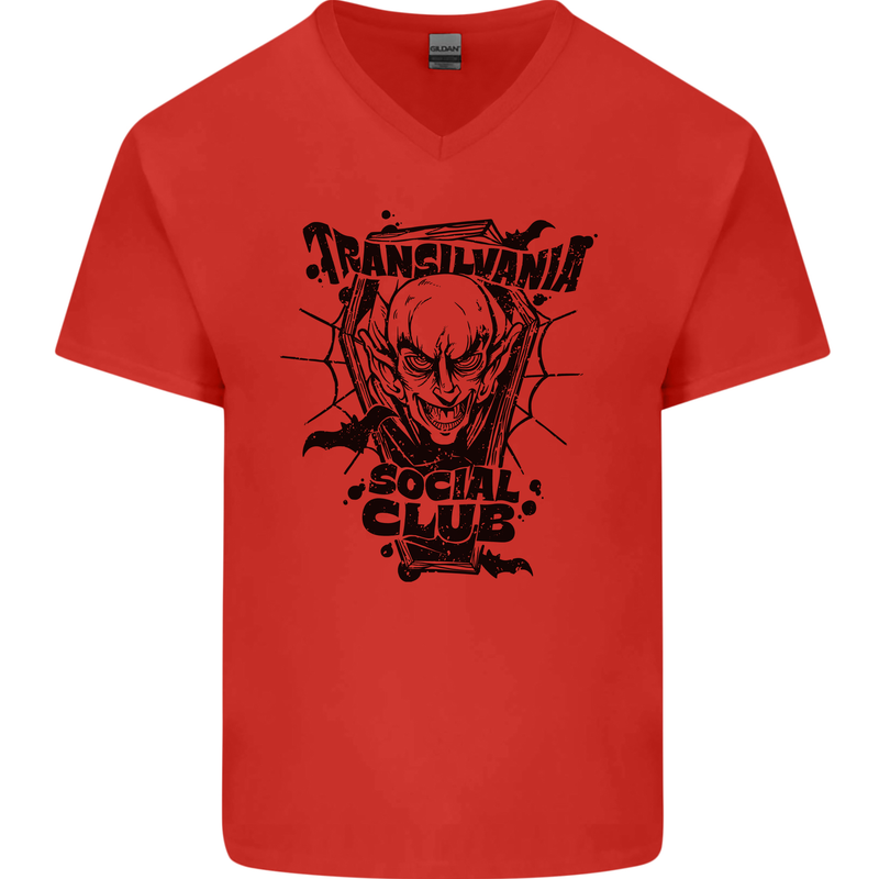 Vampires Transilvania Social Club Halloween Mens V-Neck Cotton T-Shirt Red