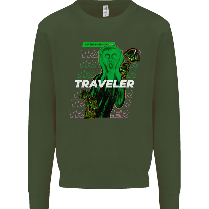 Van Gogh Alien Scream Art Magic Mushrooms Kids Sweatshirt Jumper Forest Green