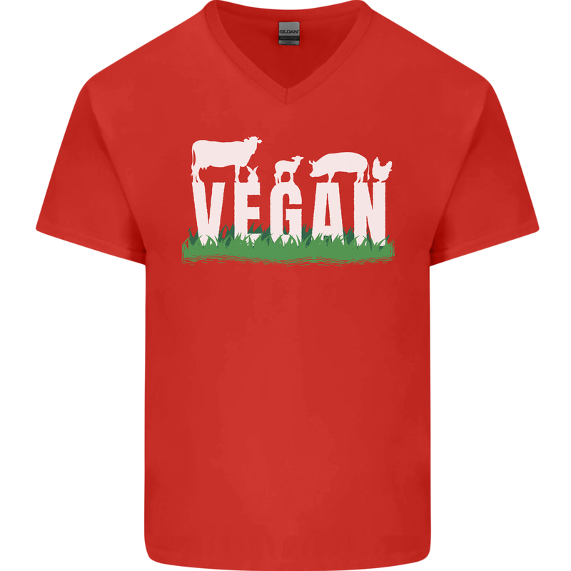 Vegan Field Mens V-Neck Cotton T-Shirt Red