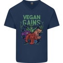 Vegan Gym Bodybuilding Vegetarian Mens V-Neck Cotton T-Shirt Navy Blue