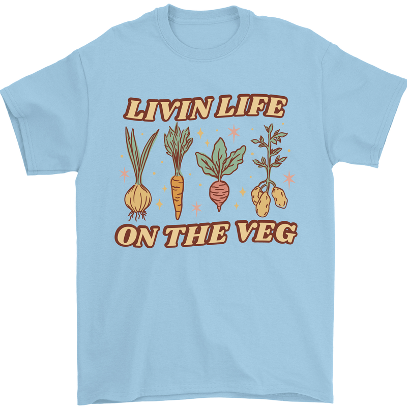Vegan Living Life on the Veg Vegetarian Mens T-Shirt 100% Cotton Light Blue