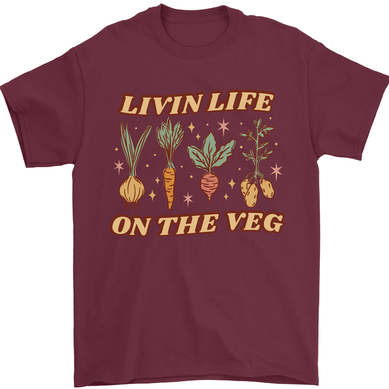 Vegan Living Life on the Veg Vegetarian Mens T-Shirt 100% Cotton Maroon