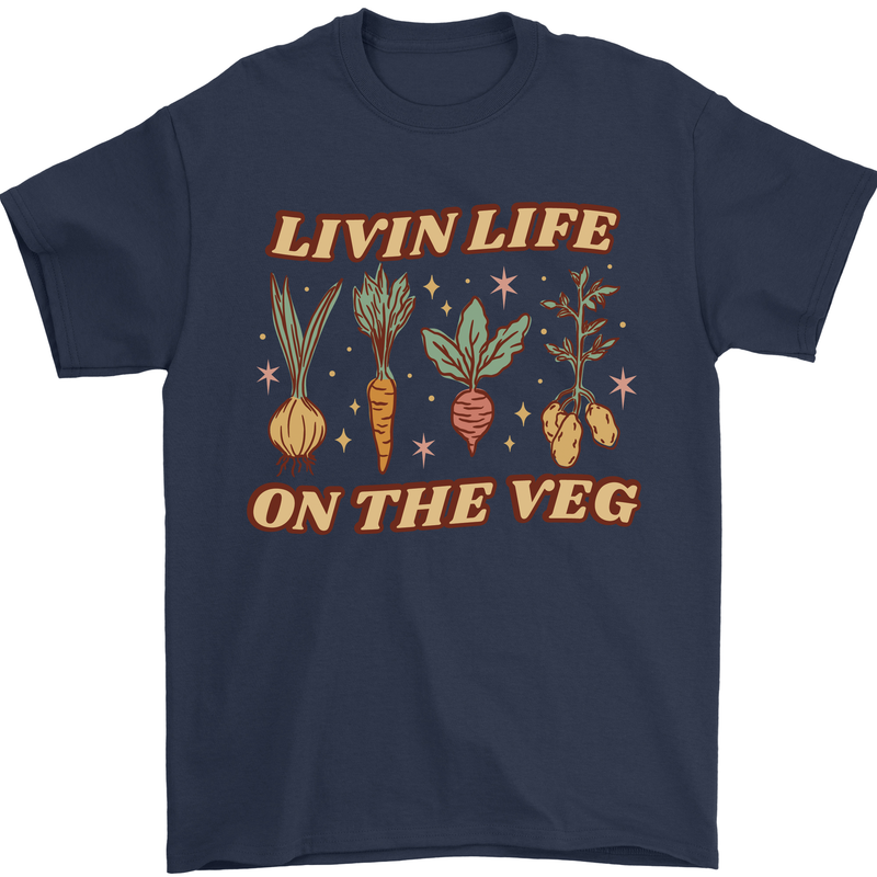 Vegan Living Life on the Veg Vegetarian Mens T-Shirt 100% Cotton Navy Blue