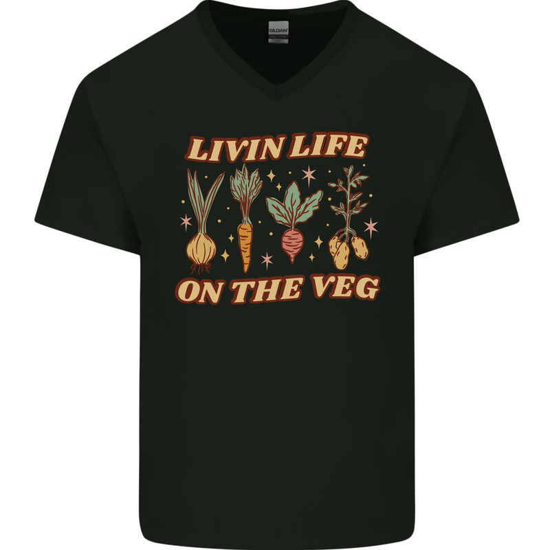 Vegan Living Life on the Veg Vegetarian Mens V-Neck Cotton T-Shirt Black