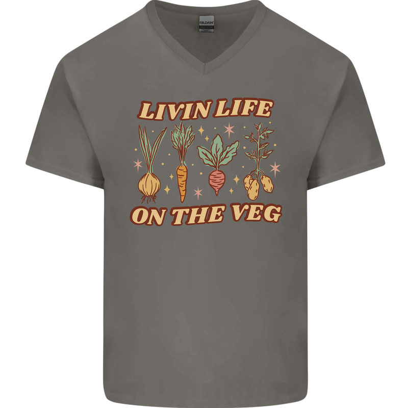 Vegan Living Life on the Veg Vegetarian Mens V-Neck Cotton T-Shirt Charcoal