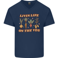 Vegan Living Life on the Veg Vegetarian Mens V-Neck Cotton T-Shirt Navy Blue