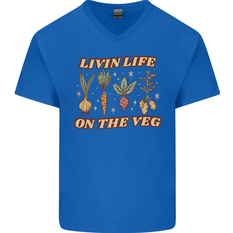 Vegan Living Life on the Veg Vegetarian Mens V-Neck Cotton T-Shirt Royal Blue