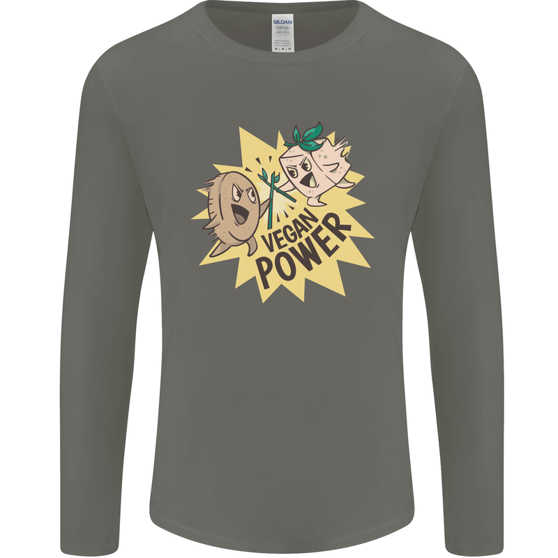 Vegan Power Funny Mens Long Sleeve T-Shirt Charcoal