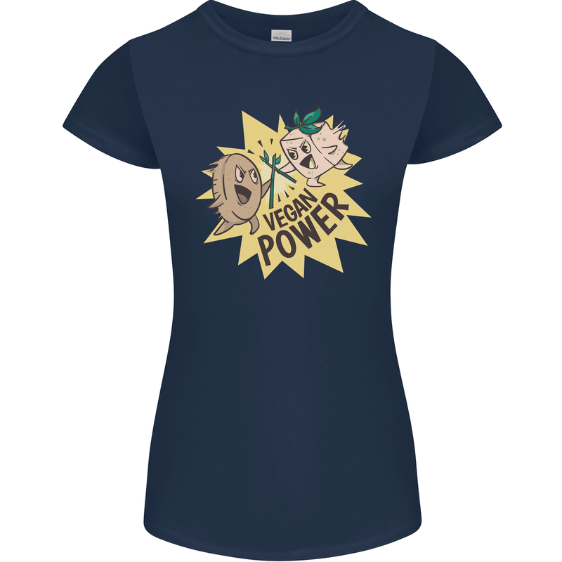 Vegan Power Funny Womens Petite Cut T-Shirt Navy Blue