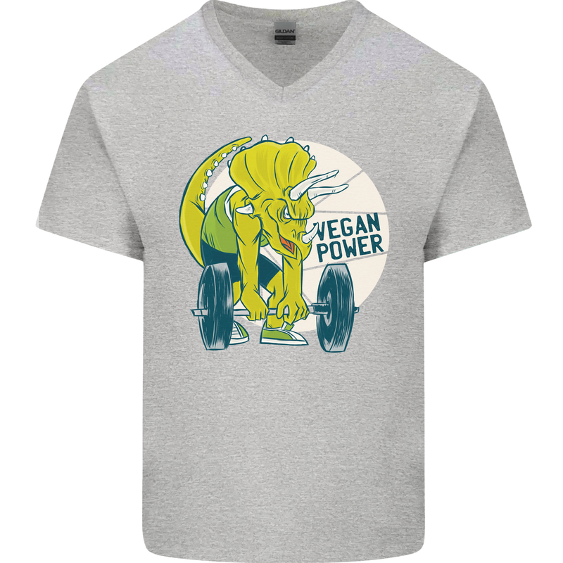 Vegan Power Gym Bodybuilding Vegetarian Mens V-Neck Cotton T-Shirt Sports Grey