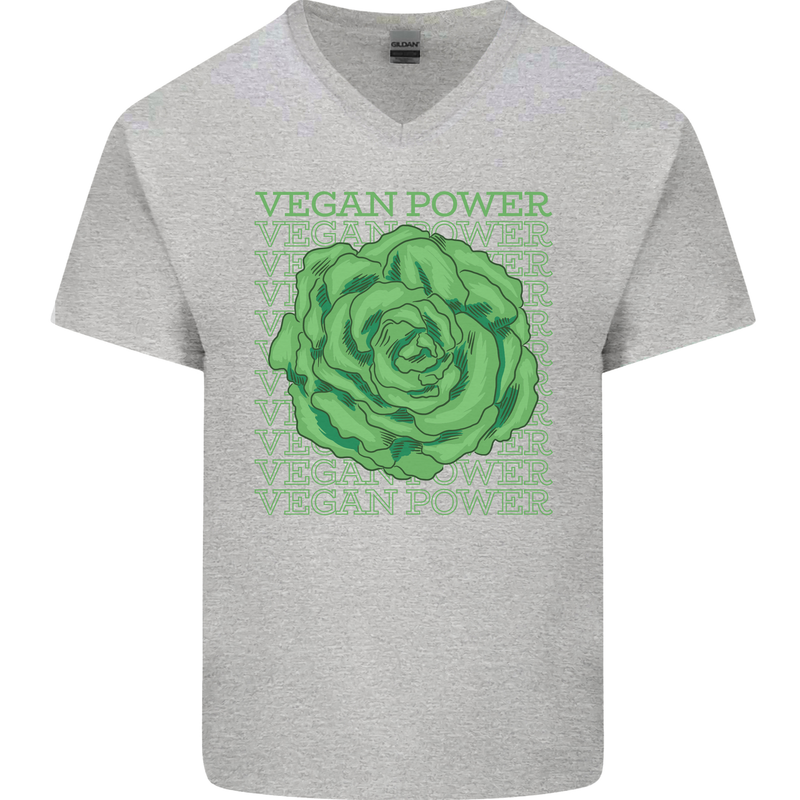 Vegan Power Mens V-Neck Cotton T-Shirt Sports Grey