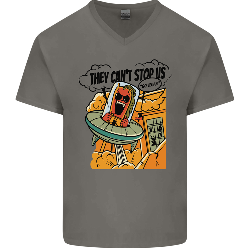 Vegan UFO Funny Vegetarian Alien Mens V-Neck Cotton T-Shirt Charcoal